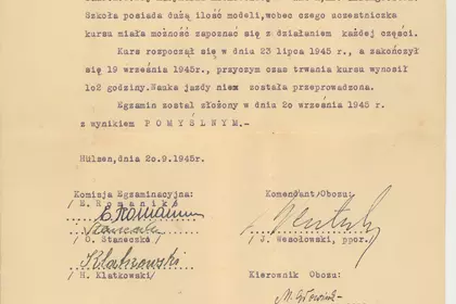 Zaświadczenie o ukończeniu kursu samochodowego w obozie dla dipisów w Hülsen w Niemczech w 1945 roku