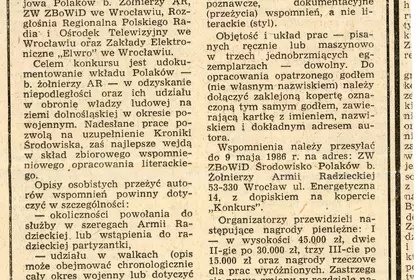 Wycinek prasowy informujący o konkursie: Losy narodu polskiego w latach okupacji hitlerowskiej