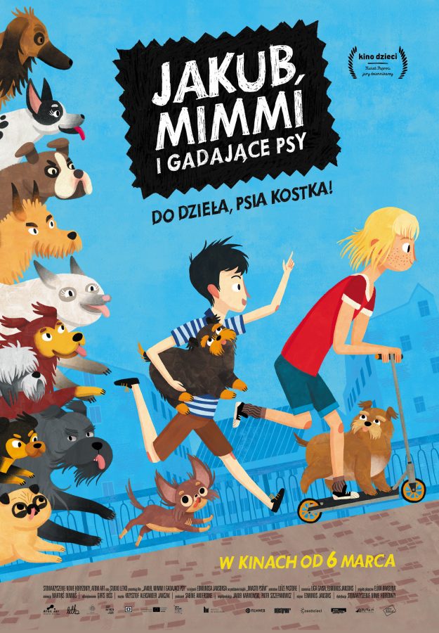 plakat filmu, dwójka biegnących chłopców, za nimi zwierzęta; plakat rysunkowy.